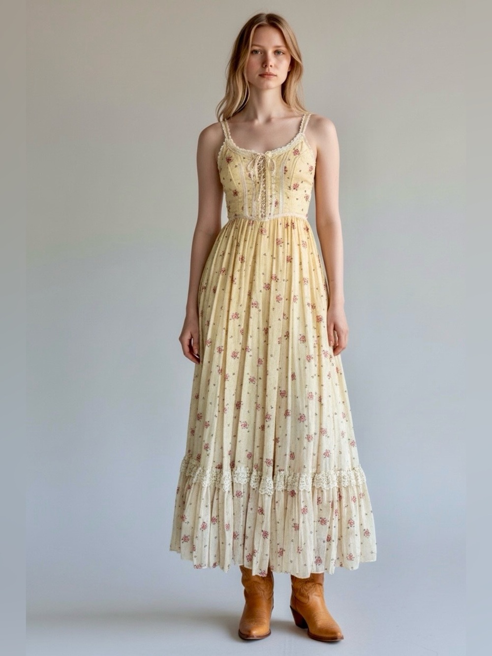 70s Cream Gunne Sax Shamash and Yofi Corset Prairie Dress / XS / Deadstock